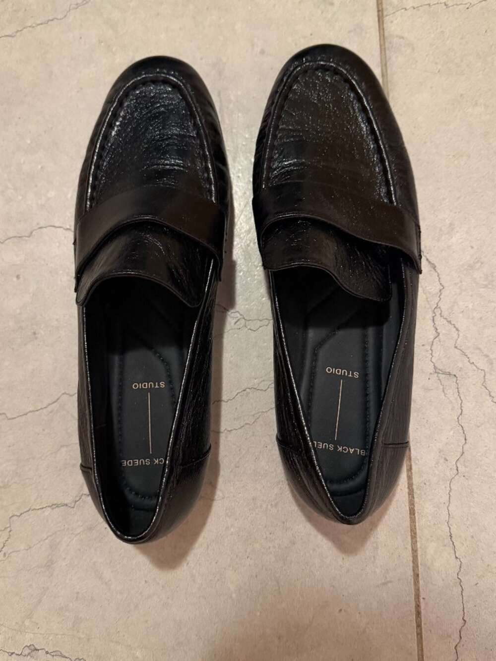 Black Suede Studio Black Leather Penny Loafers